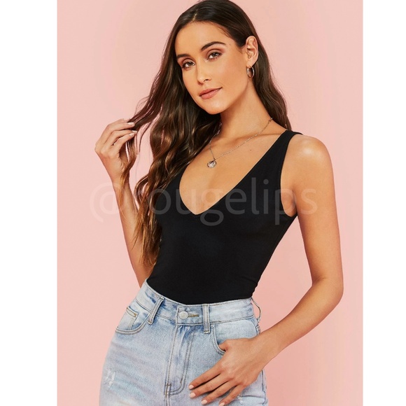 Casual Black Deep V Neck Tank Top V-Back - Picture 2 of 6